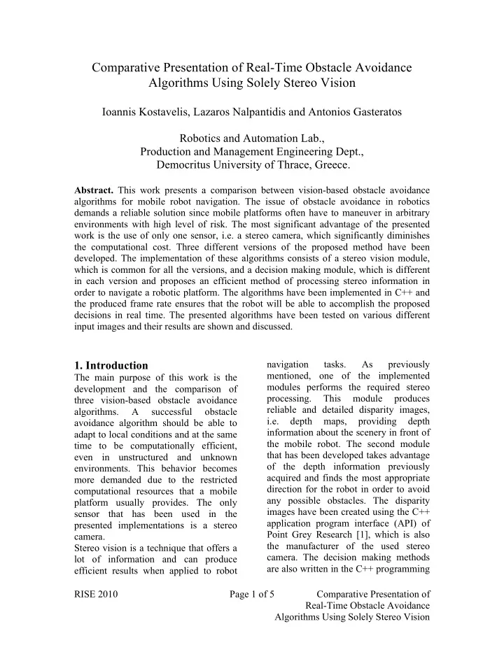 comparative presentation of real time obstacle avoidance