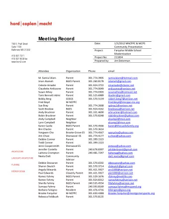 Meeting Record  750 E. Pratt Street  Date: 1/3/2012 MNCPPC &amp; MCPS  Suite 1100 Community