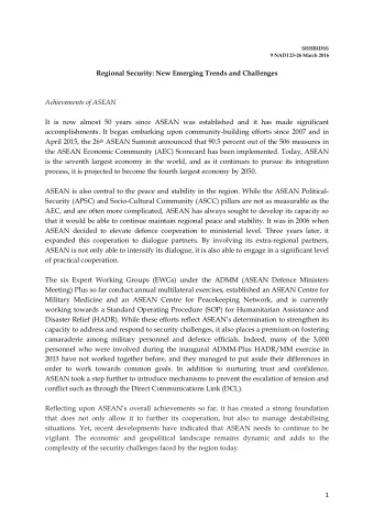 Regional Security: New Emerging Trends and Challenges  Achievements of ASEAN  It is now almost 50