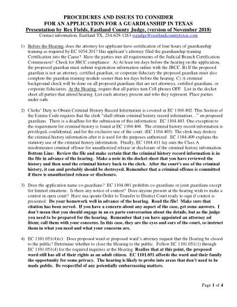 PROCEDURES AND ISSUES TO CONSIDER  FOR AN APPLICATION FOR A GUARDIANSHIP IN TEXAS  Presentation by