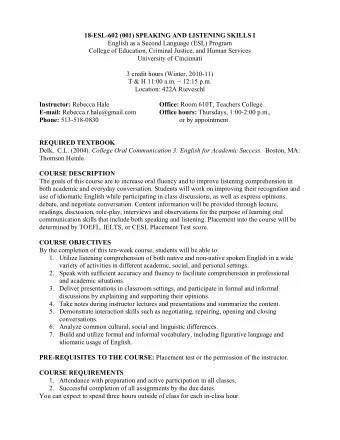 18-ESL-602 (001) SPEAKING AND LISTENING SKILLS I  English as a Second Language (ESL) Program