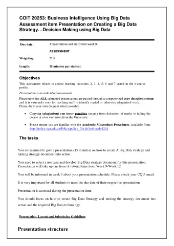 COIT 20253: Business Intelligence Using Big Data  Assessment item Presentation on Creating a Big