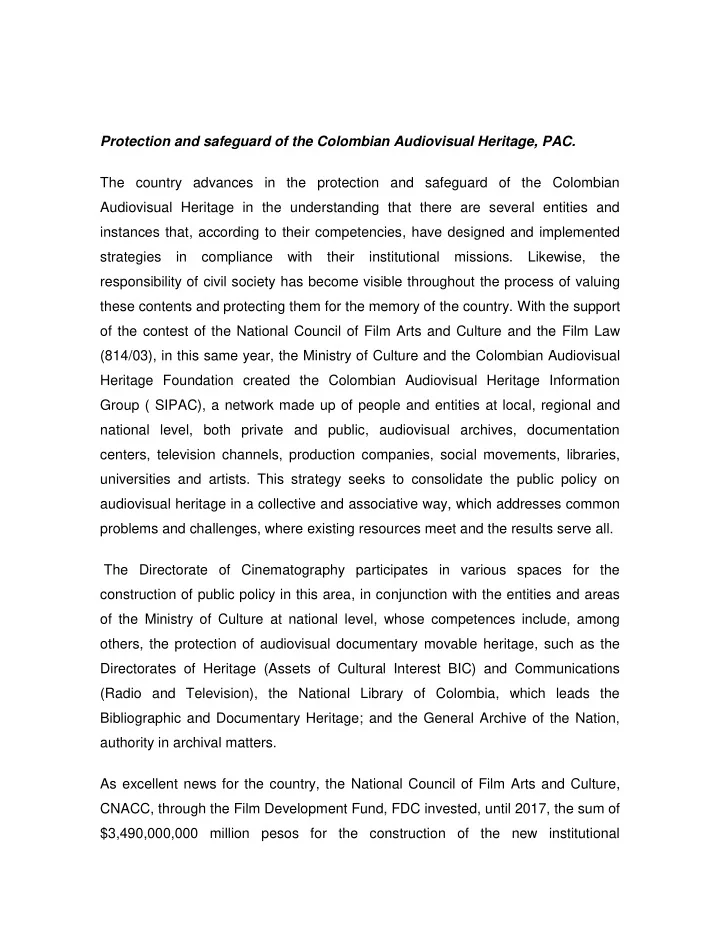 protection and safeguard of the colombian audiovisual