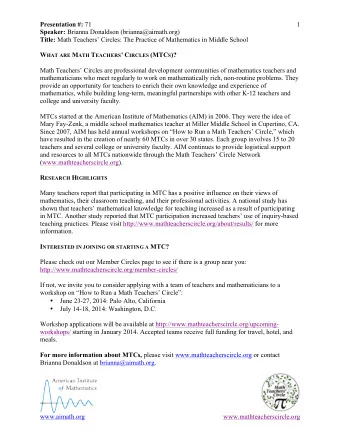 Presentation #: 71  1 Speaker: Brianna Donaldson (brianna@aimath.org) Title: Math Teachers