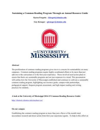 Sustaining a Common Reading Program Through an Annual Resource Guide  Karen Forgette