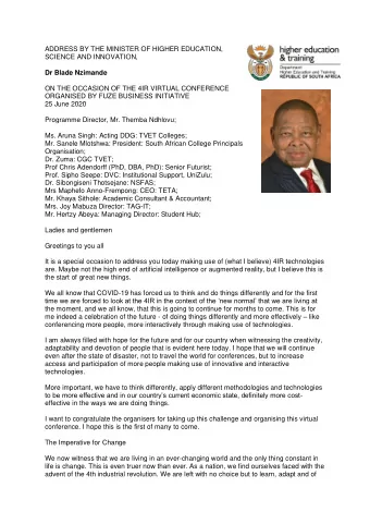 ADDRESS BY THE MINISTER OF HIGHER EDUCATION,  SCIENCE AND INNOVATION, Dr Blade Nzimande  ON THE