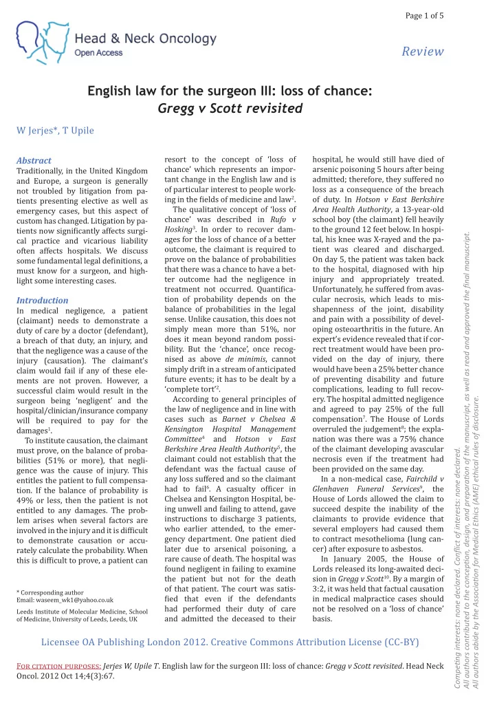 review english law for the surgeon iii loss of chance