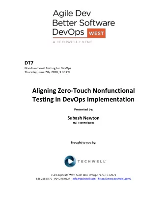 Aligning Zero-Touch Nonfunctional  Testing in DevOps Implementation Presented by: Subash Newton HCl