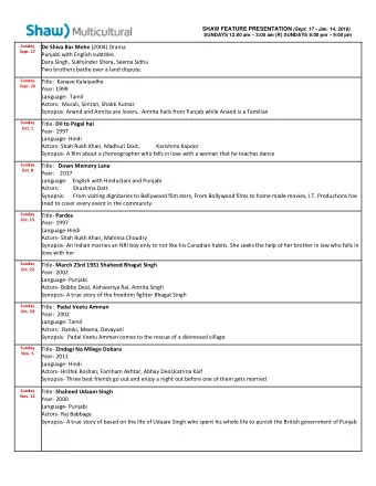 SHAW FEATURE PRESENTATION (Sept. 17 - Jan. 14, 2018) SUNDAYS 12:00 am  3:00 am (R) SUNDAYS 6:00