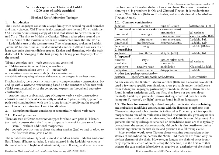 verb verb sequences in tibetan and ladakhi tive form in