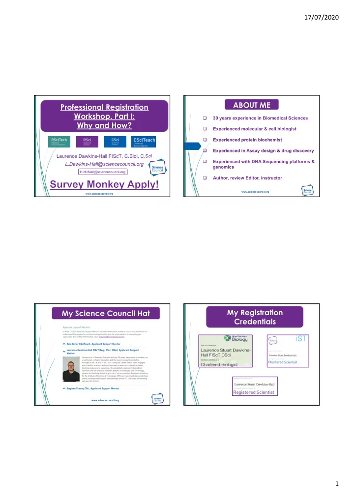 about me professional registration workshop part i