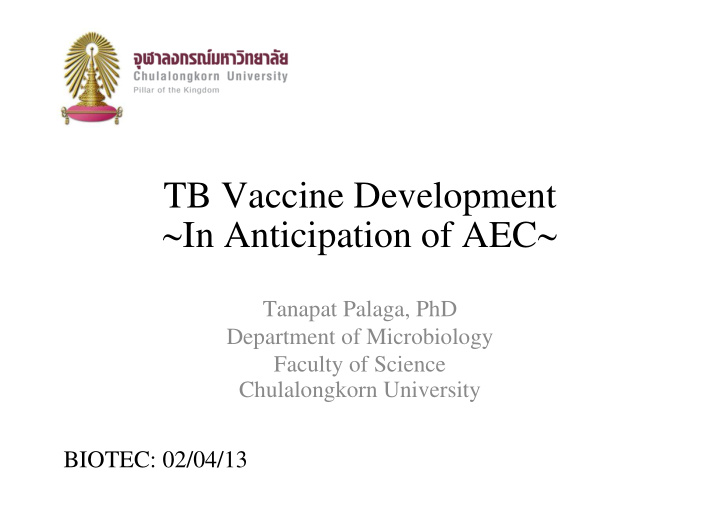 tb vaccine development in anticipation of aec