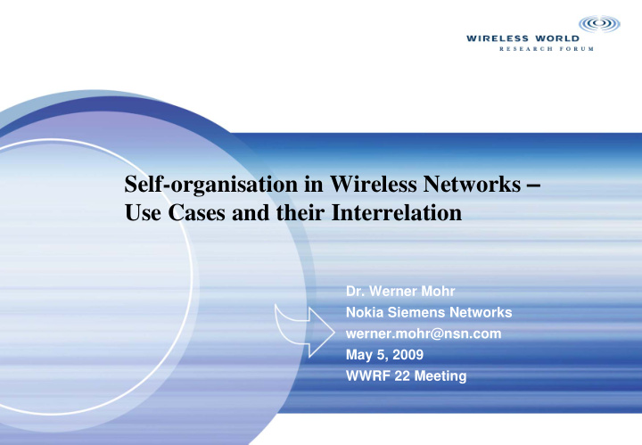 self organisation in wireless networks use cases and