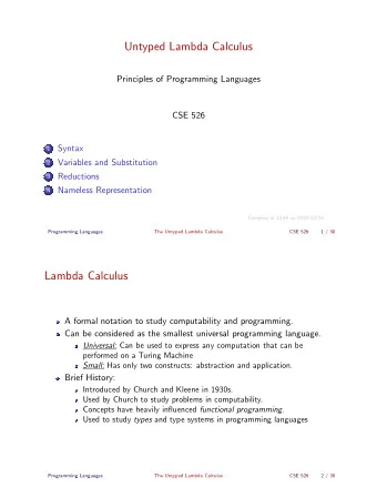Untyped Lambda Calculus  Principles of Programming Languages  CSE 526  Syntax  1  Variables and