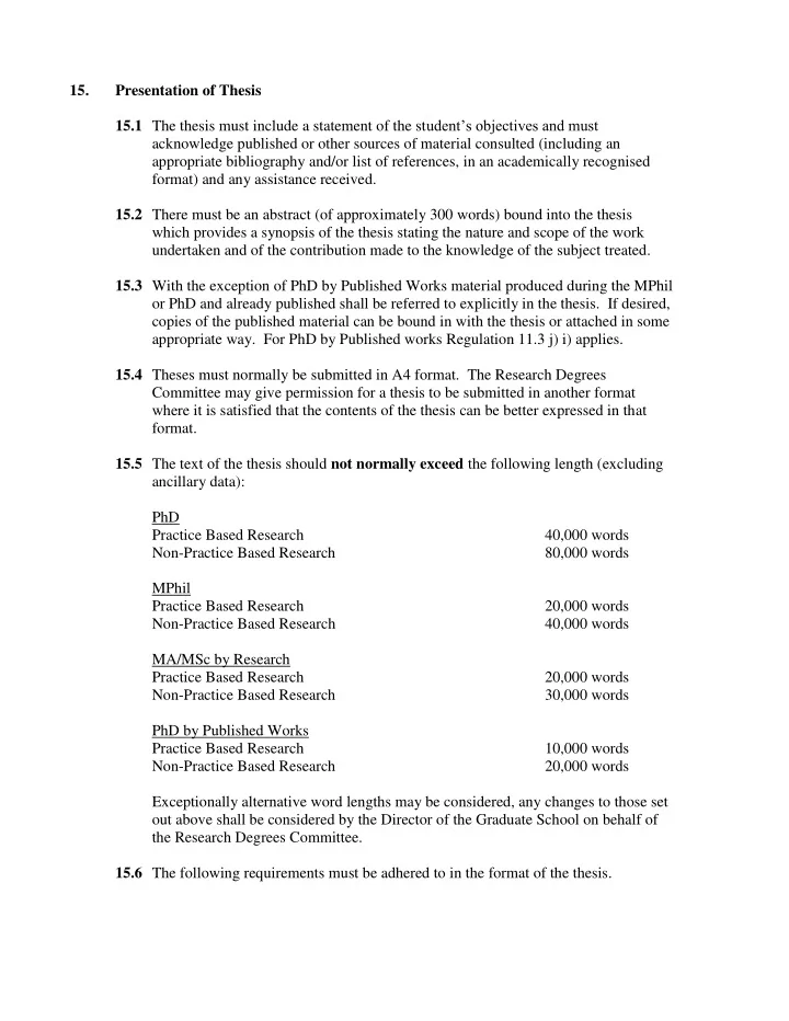 15 presentation of thesis 15 1 the thesis must include a