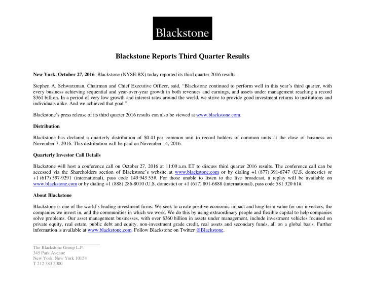 blackstone reports third quarter results