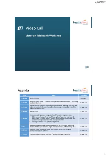 Video Call  Victorian Telehealth Workshop  Agenda  Time  Item  Duration  10.00 am  Introductions  5
