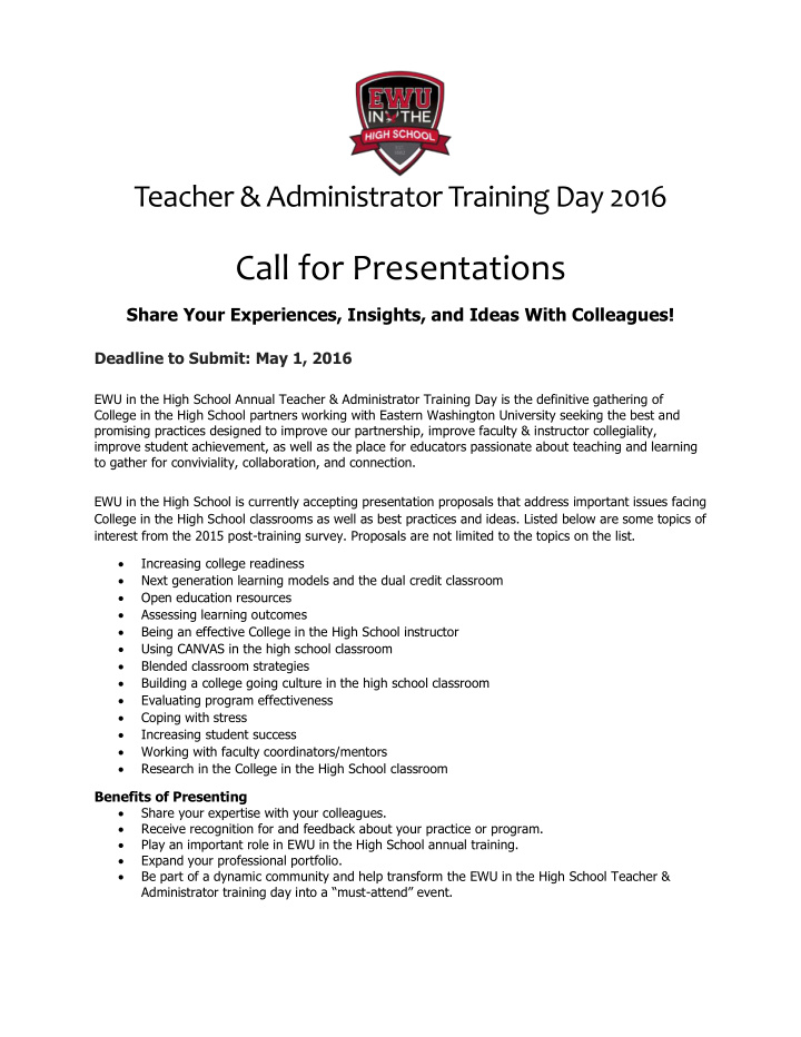 teacher administrator training day 2016 call for