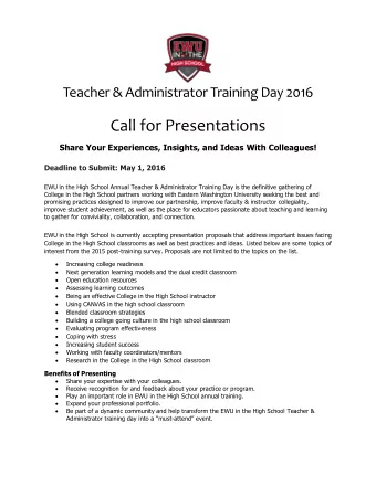 Teacher &amp; Administrator Training Day 2016  Call for Presentations Share Your Experiences,