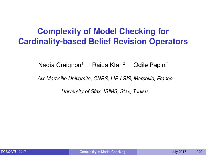 complexity of model checking for cardinality based belief
