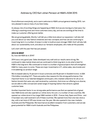 Address by CEO Karl-Johan Persson at H&amp;Ms AGM 2015  Good afternoon everybody, and a warm