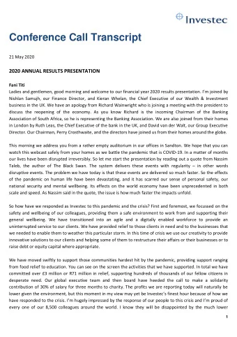 Conference Call Transcript  21 May 2020  2020 ANNUAL RESULTS PRESENTATION  Fani Titi Ladies and