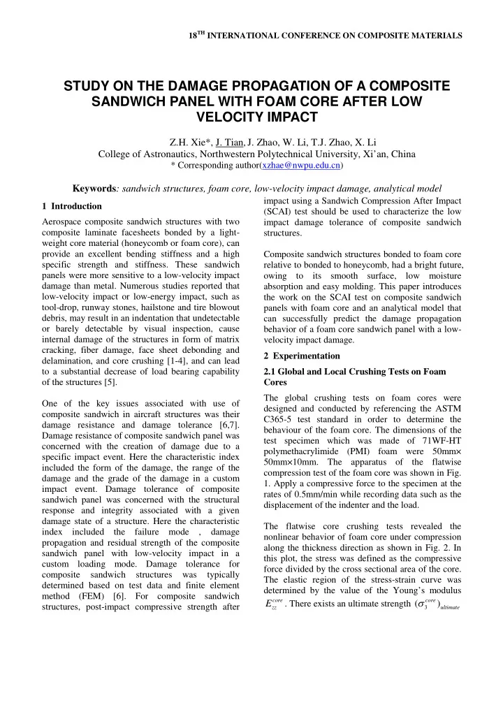 study on the damage propagation of a composite sandwich