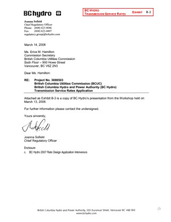BChydro E XHIBIT T RANSMISSION S ERVICE R ATES Joanna Sofield  Chief Regulatory Officer  Phone: