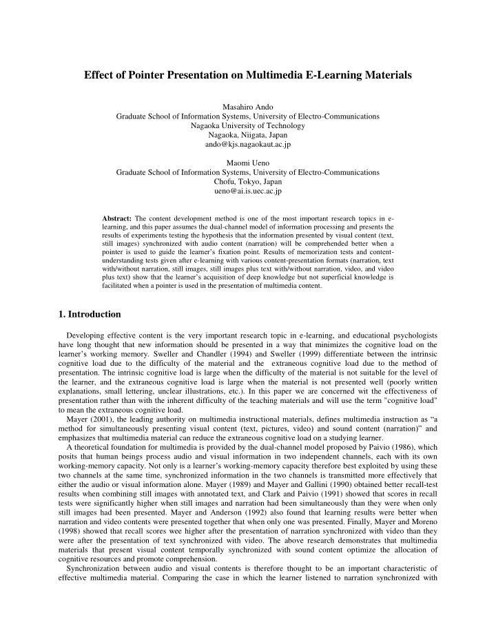 effect of pointer presentation on multimedia e learning