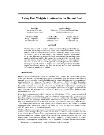 Using Fast Weights to Attend to the Recent Past  Jimmy Ba  Geoffrey Hinton  University of Toronto