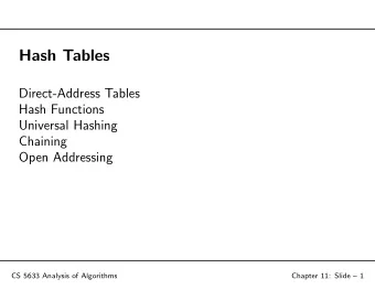 Hash Tables  Direct-Address Tables  Hash Functions  Universal Hashing  Chaining  Open Addressing