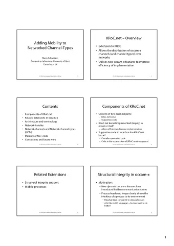 KRoC.net  Overview  Adding Mobility to   Extension to KRoC  Networked Channel-Types