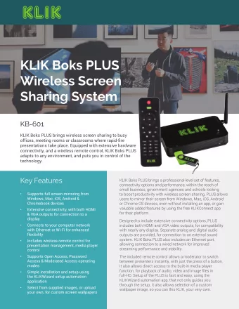 KLIK Boks PLUS  Wireless Screen  Sharing System  KB-601  KLIK Boks PLUS brings wireless screen