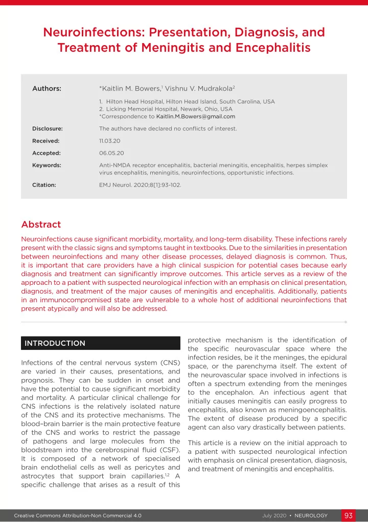 neuroinfections presentation diagnosis and treatment of