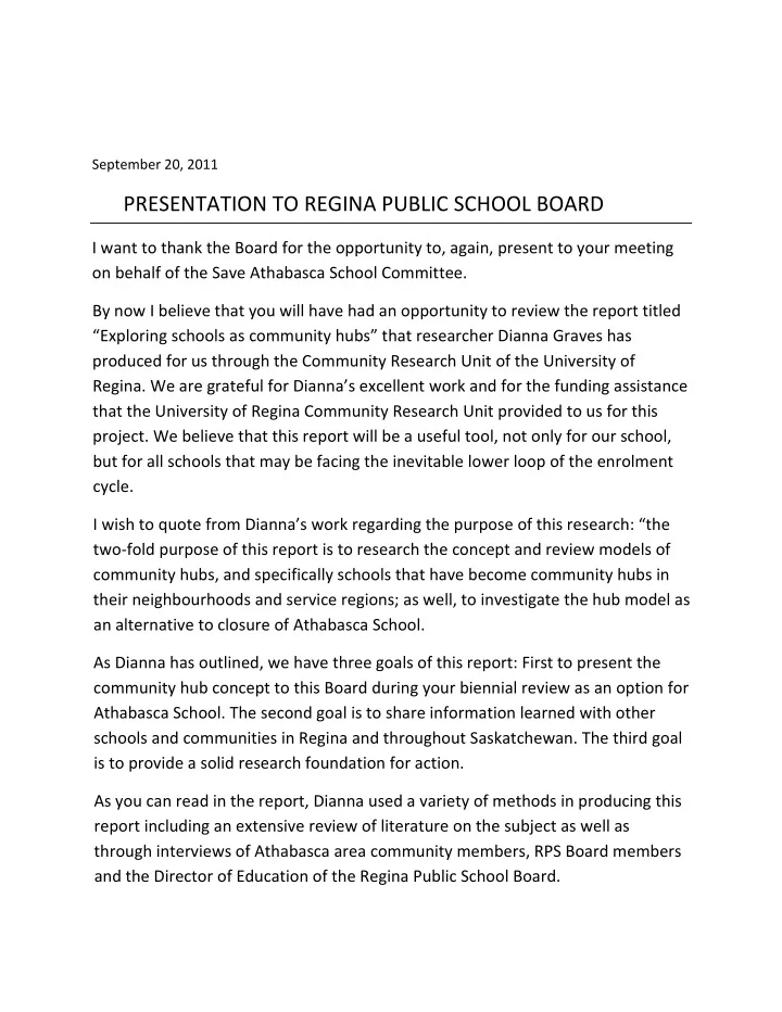 presentation to regina public school board