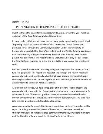 PRESENTATION TO REGINA PUBLIC SCHOOL BOARD I want to thank the Board for the opportunity to, again,