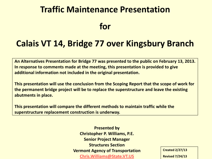 traffic maintenance presentation for calais vt 14 bridge