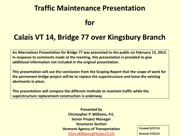 traffic maintenance presentation for calais vt 14 bridge
