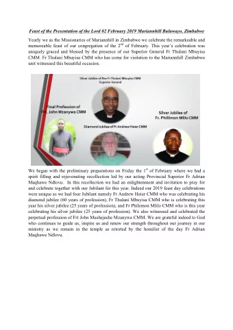 Feast of the Presentation of the Lord 02 February 2019 Mariannhill Bulawayo, Zimbabwe  Yearly we as