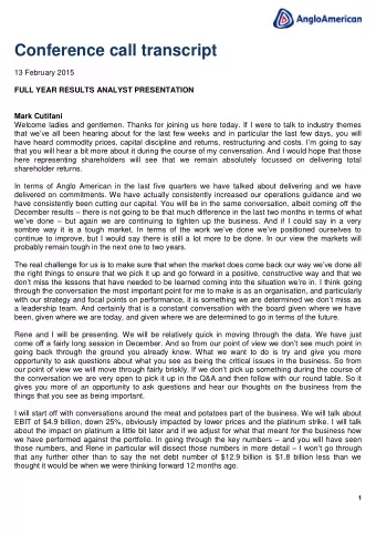 Conference call transcript  13 February 2015  FULL YEAR RESULTS ANALYST PRESENTATION  Mark Cutifani