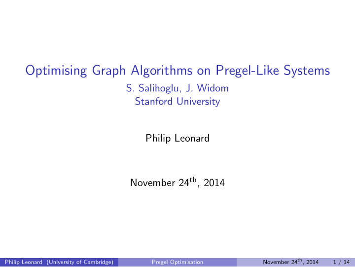 optimising graph algorithms on pregel like systems