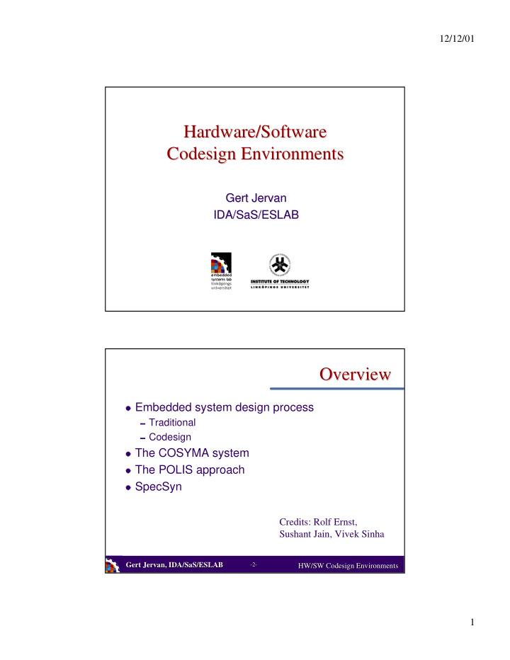 hardware software hardware software codesign environments