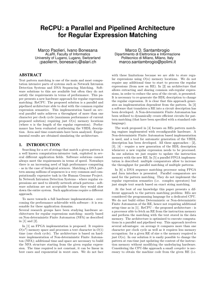 recpu a parallel and pipelined architecture for regular