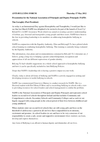 ANTI-BULLYING FORUM  Thursday 17 May 2012  Presentation for the National Association of Principals