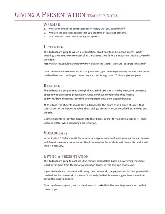 G IVING A P RESENTATION T EACHER  S N OTES W ARMER 1. What are some of the great speeches in