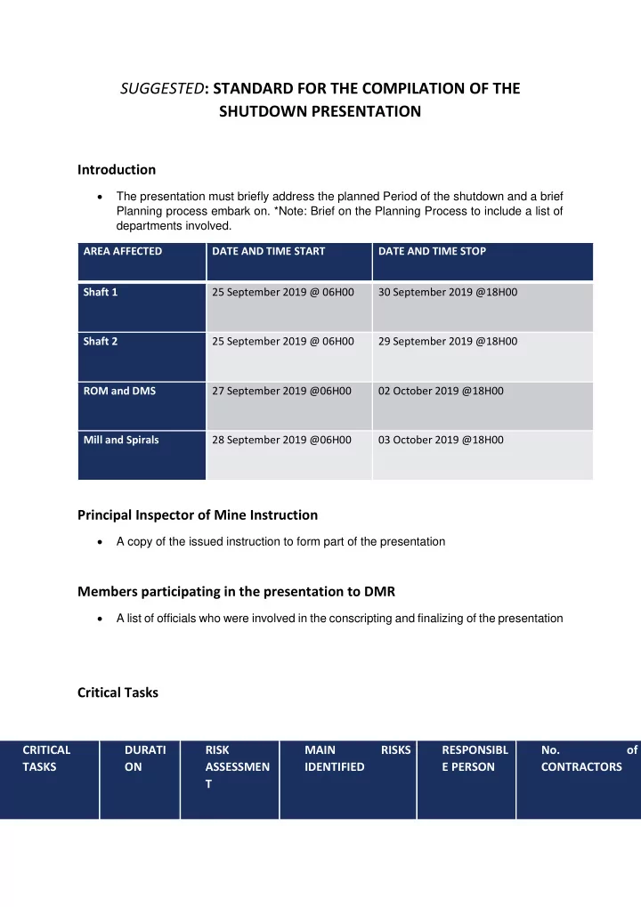 suggested standard for the compilation of the shutdown