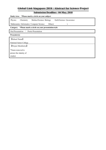 Global Link Singapore 2018 : Abstract for Science Project Submission Deadline  04 May, 2018