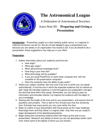 The Astronomical League  A Federation of Astronomical Societies Astro Note H1  Preparing and