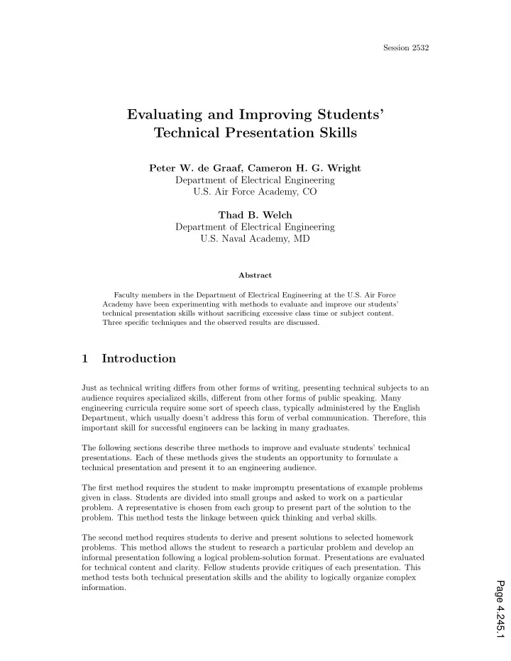 evaluating and improving students technical presentation