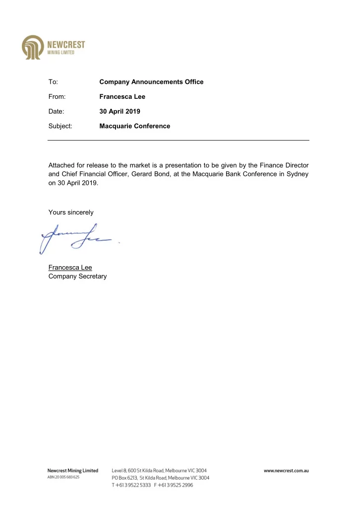 to company announcements office from francesca lee date